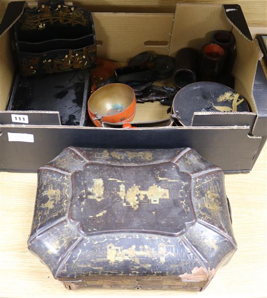 A Japanese lacquer box and lacquered bowls etc